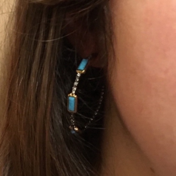 ALEXIS BITTAR• New Elements Teal Green Baguette Stone Crystal Hoop Post Earrings - Picture 7 of 9